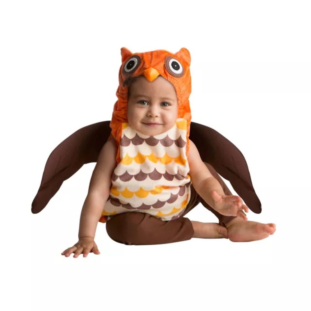 Size 0-9 months Fall colored owl costume.  One piece jumper with wings.